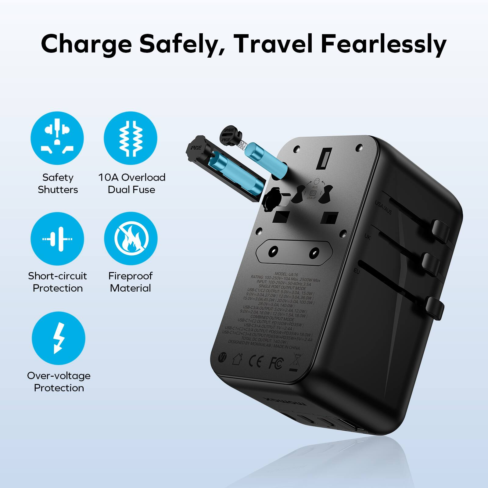 Momax - 1-World Universal 4-Port Travel GaN Charger 140W + USB-C Cable | Black Momax - 1-World Universal 4-Port Travel GaN Charger 140W + USB-C Cable | Black